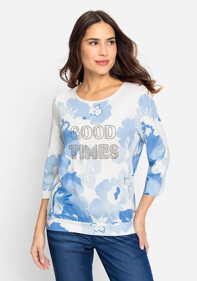 Olsen Women's Cotton Blend 3/4 Sleeve Embellished T-Shirt