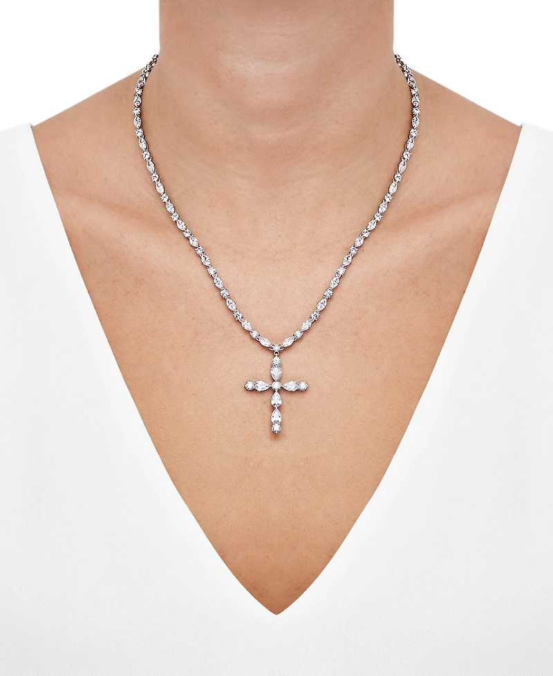 Arabella Cubic Zirconia Mixed Cut Cross 18" Pendant Necklace in Sterling Silver