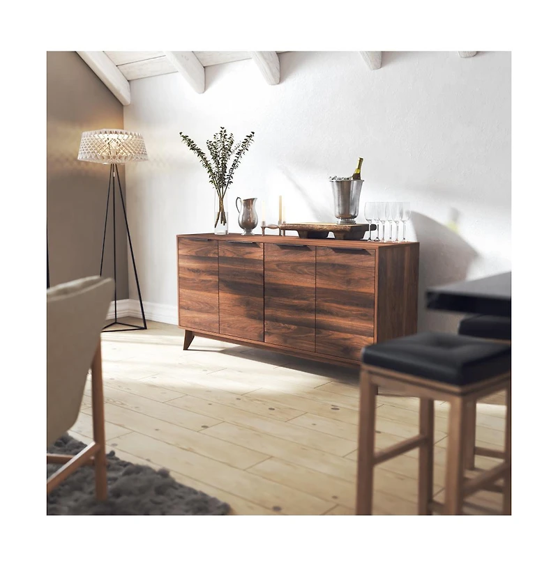 Emma+Oliver Beverly Mid-Century Modern Wooden Buffet With Soft Close Doors, Shelving And Sleek Tapered Legs With Protective Floor Glides