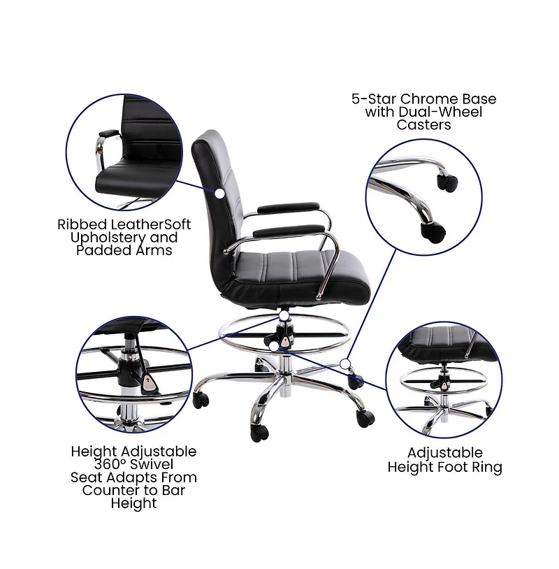 Merrick Lane Tevia Mid-Back Drafting Chair With Adjustable Foot Ring Upholstered Swivel Chair With Chrome Base