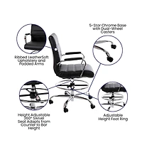 Merrick Lane Tevia Mid-Back Drafting Chair With Adjustable Foot Ring Upholstered Swivel Chair With Chrome Base