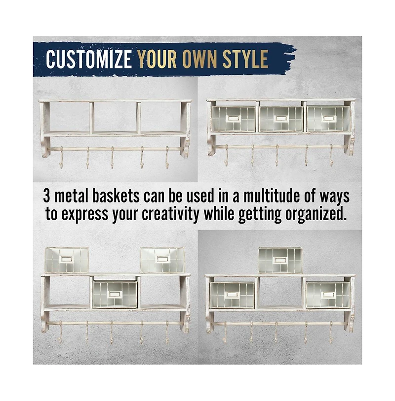 Rustic Coat Rack Wall Mounted Shelf With Hooks & Baskets, Entryway Organizer 5 And Cubbies