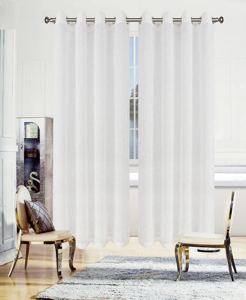 Superior Traditional Embroidered Delicate Flower Farmhouse Sheer Grommet 2-Piece Curtain Panel Set with Grommet Header Top