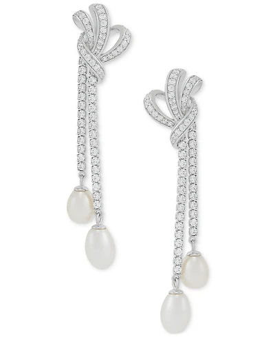 Arabella Freshwater Pearl (8x6mm & 7x5mm) Cubic Zirconia Knotted Drop Earrings in Sterling Silver