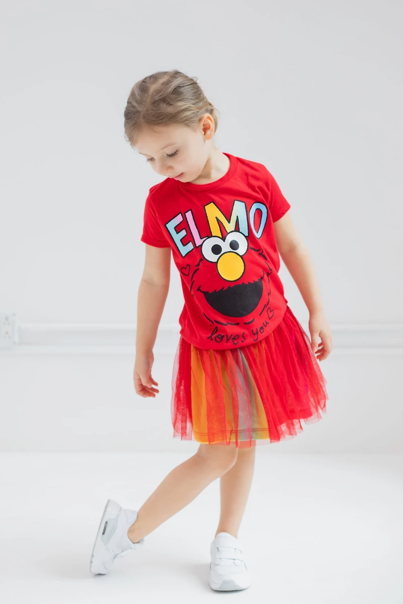 Sesame Street Baby Girls Elmo Abby Cadabby T-Shirt Tulle Skirt and Scrunchie 3 Piece Outfit Set to
