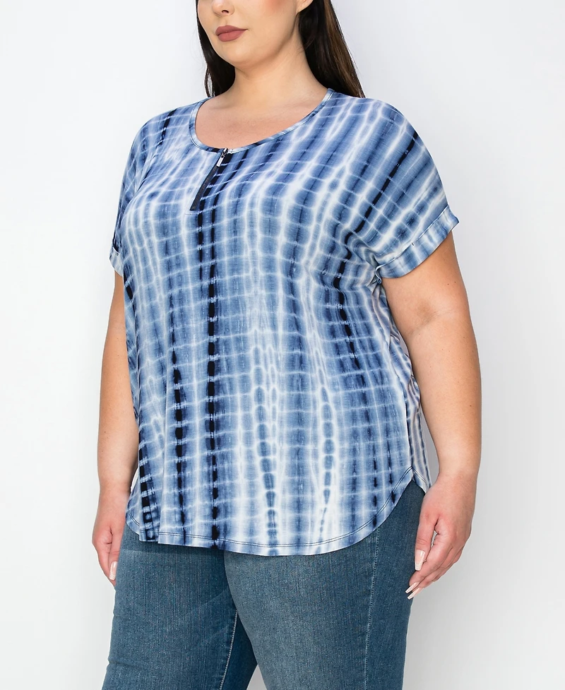 Coin 1804 Plus Tie Dye Zip Front Roll Short Sleeve Top