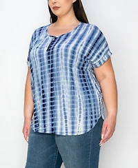 Coin 1804 Plus Tie Dye Zip Front Roll Short Sleeve Top