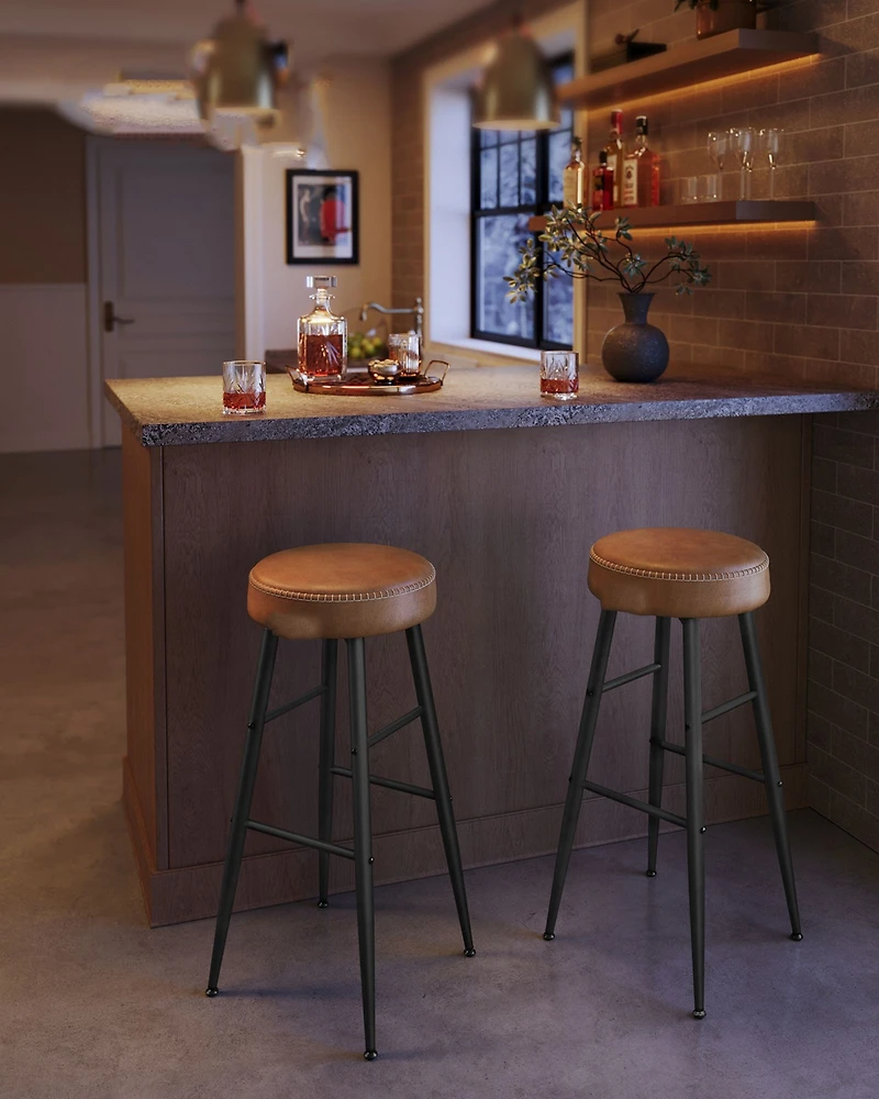 Set Of 2, Kitchen Bar Stools, Breakfast Synthetic Leather With Stitching