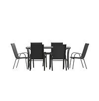 Merrick Lane Bardwell 7 Piece Outdoor Dining Table Set For 6 With Glass-Top Patio And Stack Chairs Flex Comfort Material