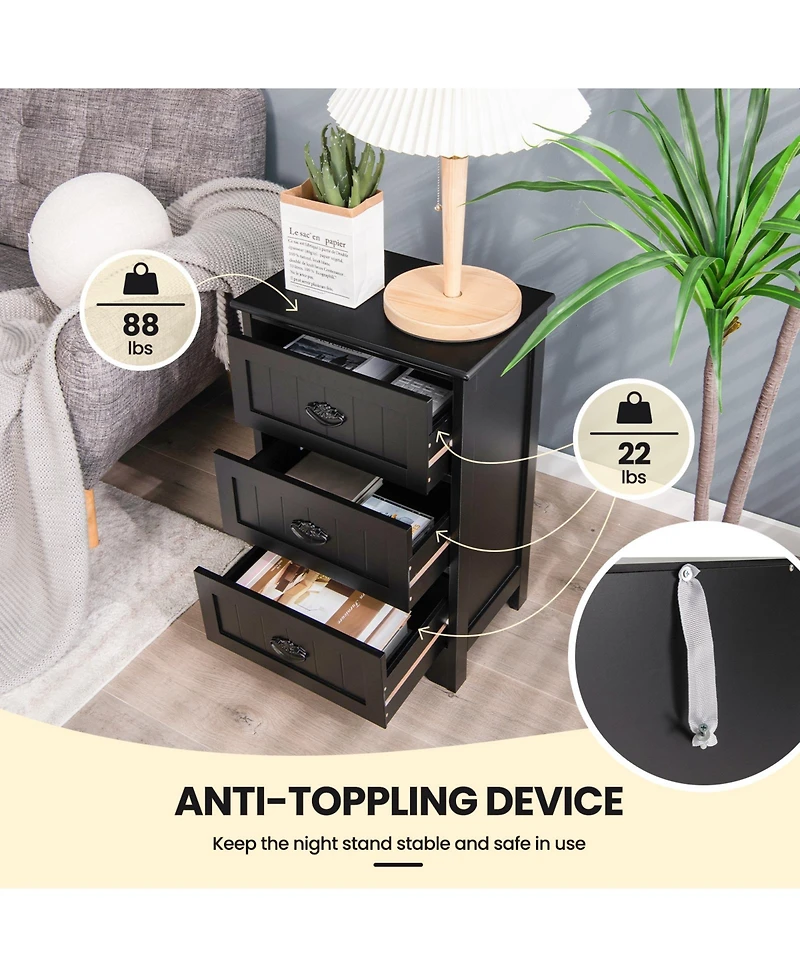 Inolait 3-Drawer End Storage Wood Side Nightstand