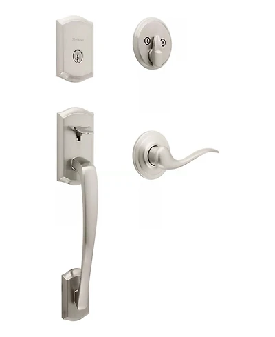 Kwikset Prescott Deadbolt Handleset with Tustin Lever in Satin Nickel