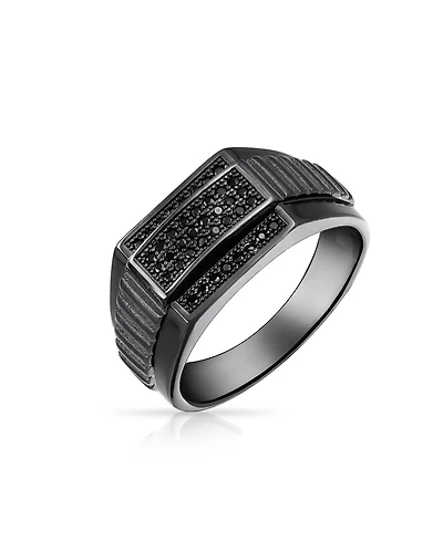 Bling Jewelry Geometric Micro Rectangle Black Cz Cubic Zirconia Statement Ring Sterling Silver Signet Championship