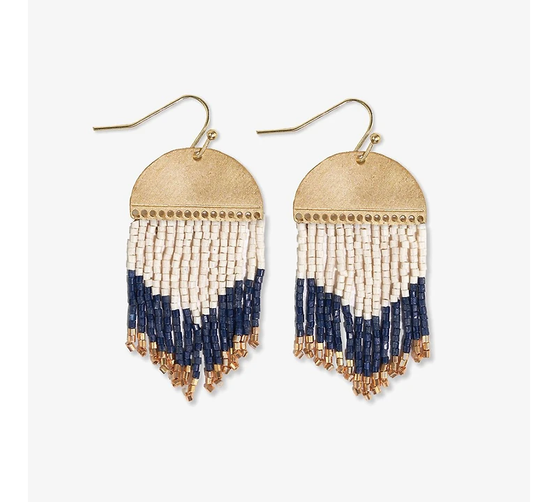 Claudia Curved Pattern Short Beaded Fringe Earrings Navy
