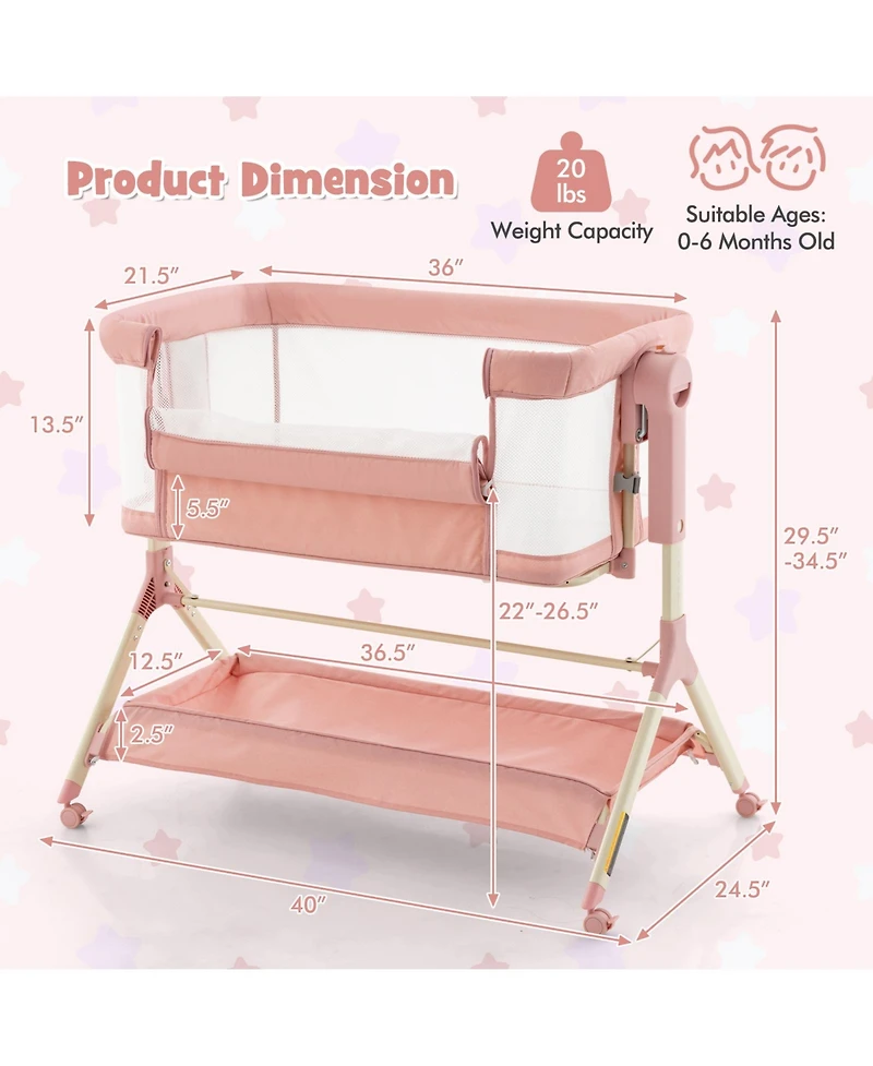 Height Adjustable Bedside Sleeper Baby Crib with Storage Bag