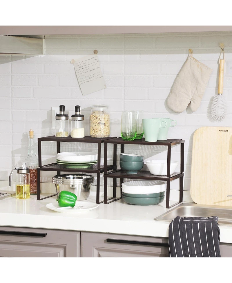 Slickblue Cabinet Shelf Organizer, Stackable, Expandable, Set of 4 Metal Kitchen Counter Shelves, Brown