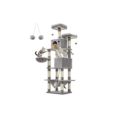 Slickblue Cat Tree, Cat Tower, Tall Cat Condo with Hammock, Basket, Scratching Posts, 2 Cat Caves, 2 Plush Perches, Cat Activity Center