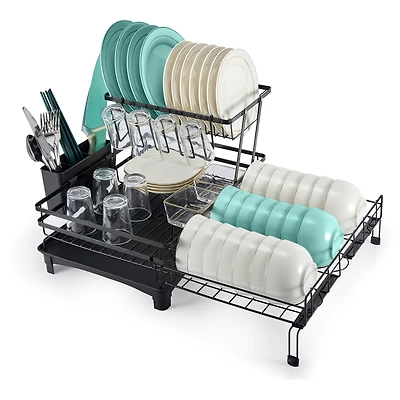2-Tier Collapsible Expandable Dish Rack with Swivel Drain Spout and Rust-Resistant Stainless Steel Frame