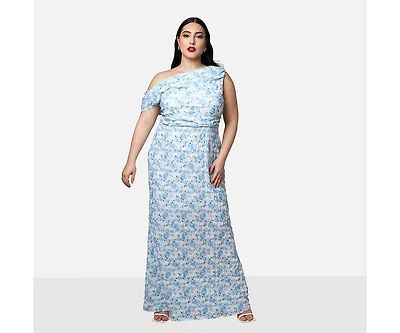 Rebdolls Women's Plus Size Forget Me Not Floral Asymmetrical Maxi Bodycon Dress