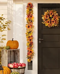 Glitzhome 6ft Fall Sunflower, Maple Leaf and Berry Garland