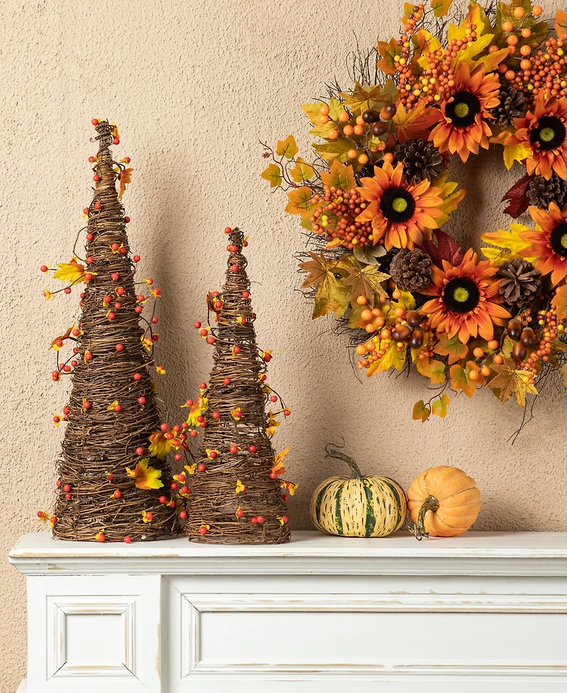 Glitzhome 24"H Set of 2 Fall Rattan Berries and Maple Leaves Table Tree