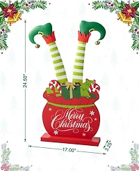Glitzhome 24.5"H Christmas Wooden/Metal Elf Legs in Gift Box Porch Decor
