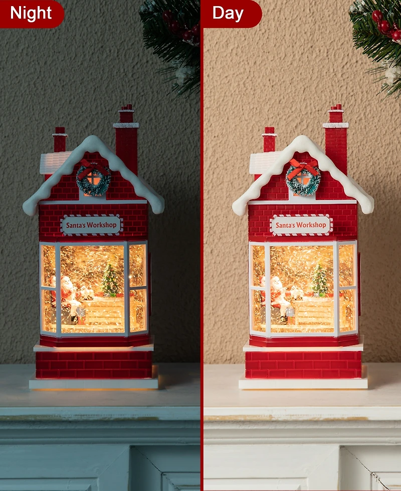 Glitzhome 10.5"H Lighted Santa's Workshop Waterglobe