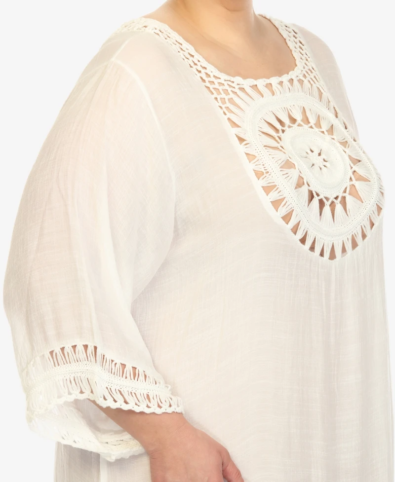 White Mark Plus Crocheted Fringed Trim Cover Up Dress