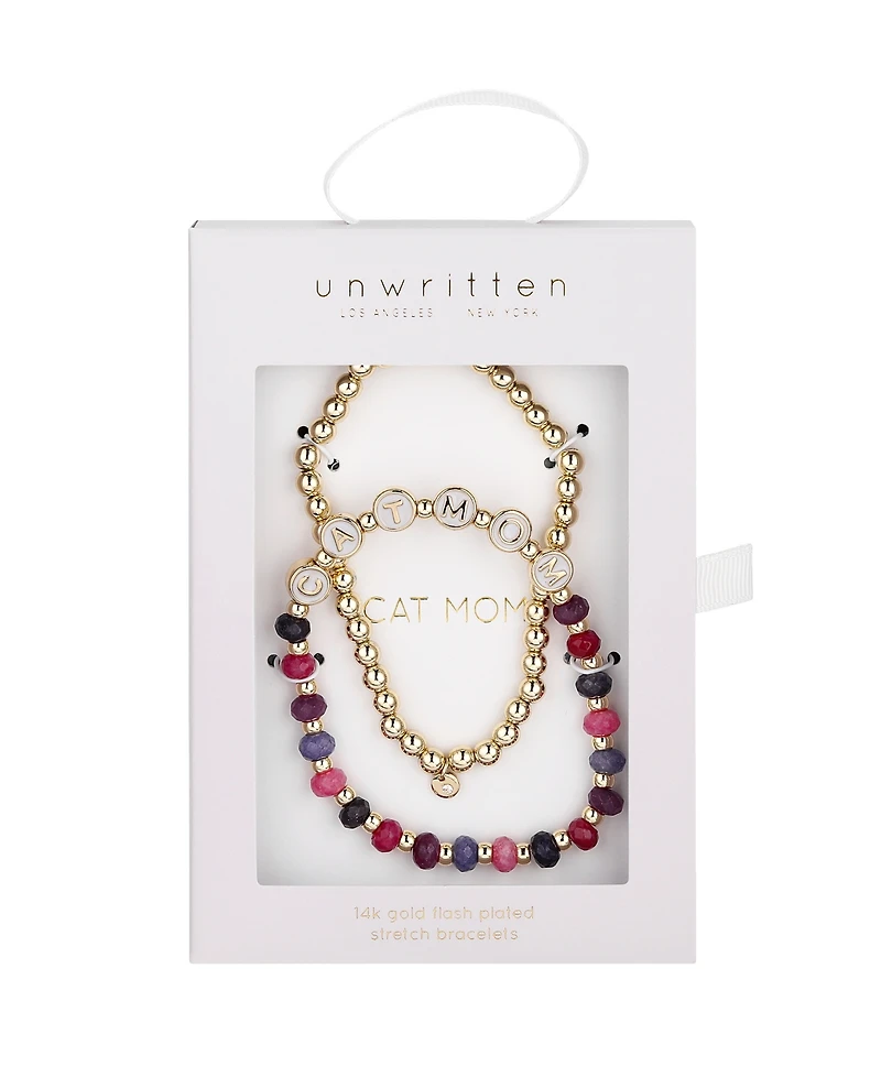 Unwritten Multi Purple Quartz Cat Mom Stone and Beaded Stretch Bracelet Set