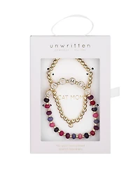 Unwritten Multi Purple Quartz Cat Mom Stone and Beaded Stretch Bracelet Set