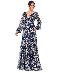 Betsy & Adam Women's Printed Blouson-Sleeve Maxi Dress