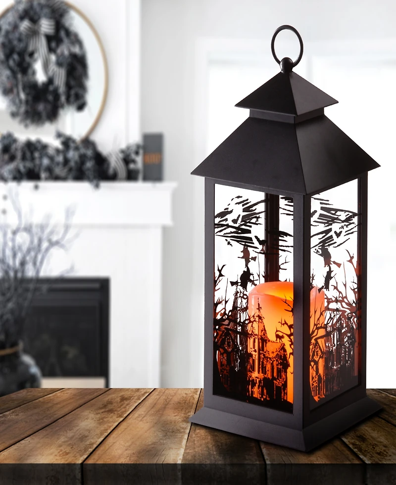 National Tree Company 12" Halloween Lantern with Led Lights, Carved Images of Witches, Haunted House