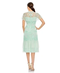 Mac Duggal Women's High Neck Mesh Tier Embroidered Dress