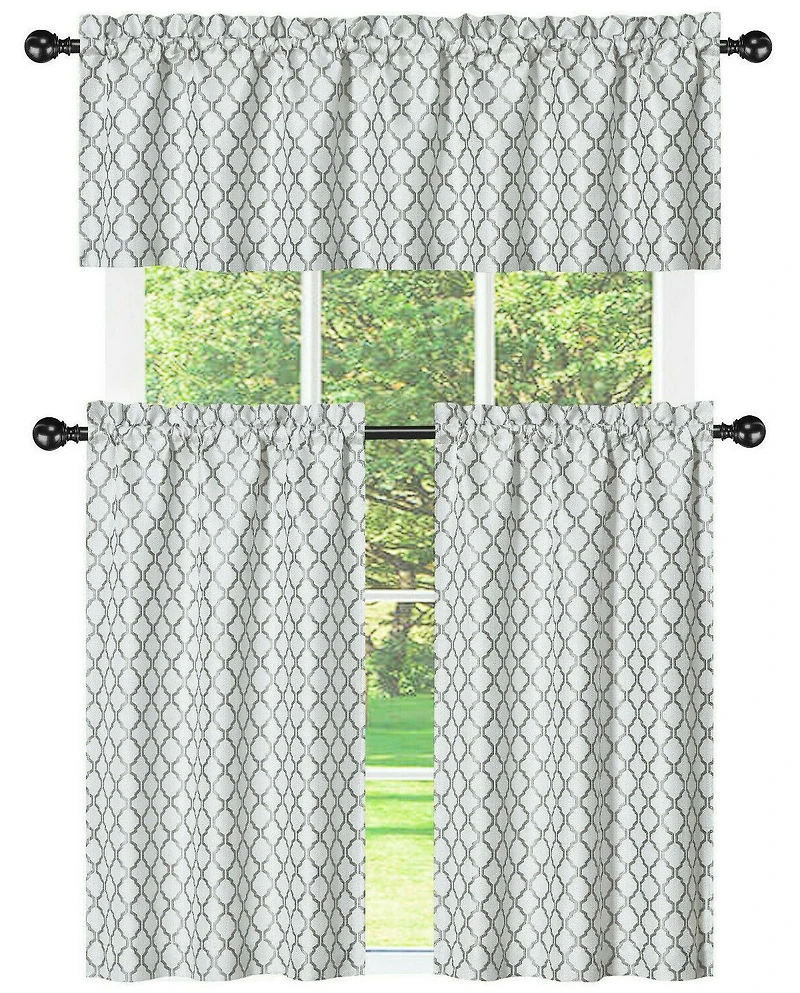 Kate Aurora White & Gray Complete 3 Piece Moroccan Geometric Kitchen Curtain Tier & Valance Set
