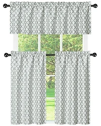 Kate Aurora White & Gray Complete 3 Piece Moroccan Geometric Kitchen Curtain Tier & Valance Set