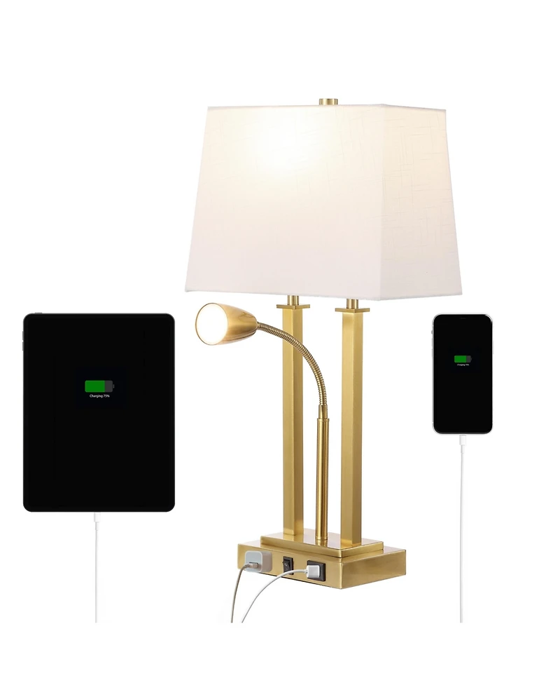 Jonathan Y Blaire 23.75" 2-Light Modern Farmhouse Metal Led Table Lamp with Usb Charging port, Adjustable Reading Light and Ac Outlet, Oil Rubbed Bron