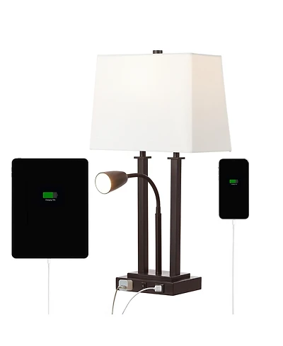 Jonathan Y Blaire 23.75" 2-Light Modern Farmhouse Metal Led Table Lamp with Usb Charging port, Adjustable Reading Light and Ac Outlet, Oil Rubbed Bron