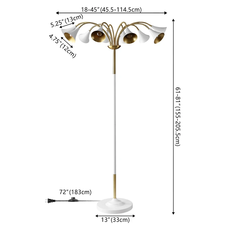 Jonathan Y Vivian 61" 10-Light Mid-Century Modern Iron Medusa Multi Head Led Floor Lamp, White/Brass Gold