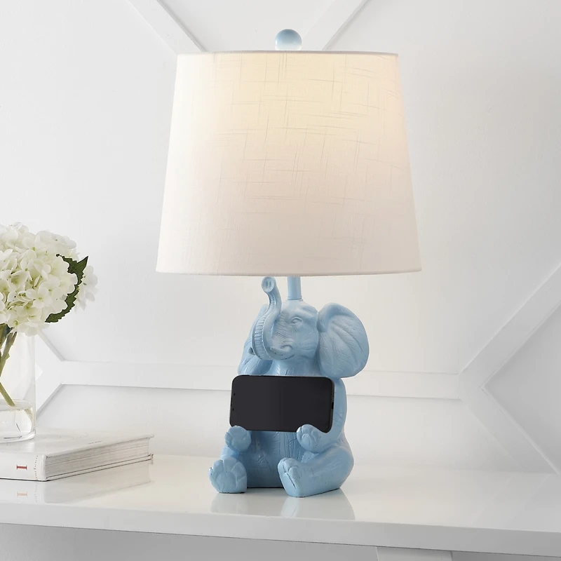 Jonathan Y Kairi 21" Modern Shabby Chic Resin/Iron Happy Elephant Led Kids' Table Lamp with Phone Stand, White