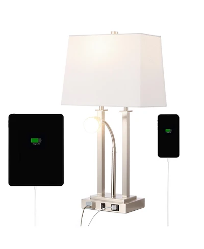 Jonathan Y Blaire 23.75" 2-Light Modern Farmhouse Metal Led Table Lamp with Usb Charging port, Adjustable Reading Light and Ac Outlet, Oil Rubbed Bron
