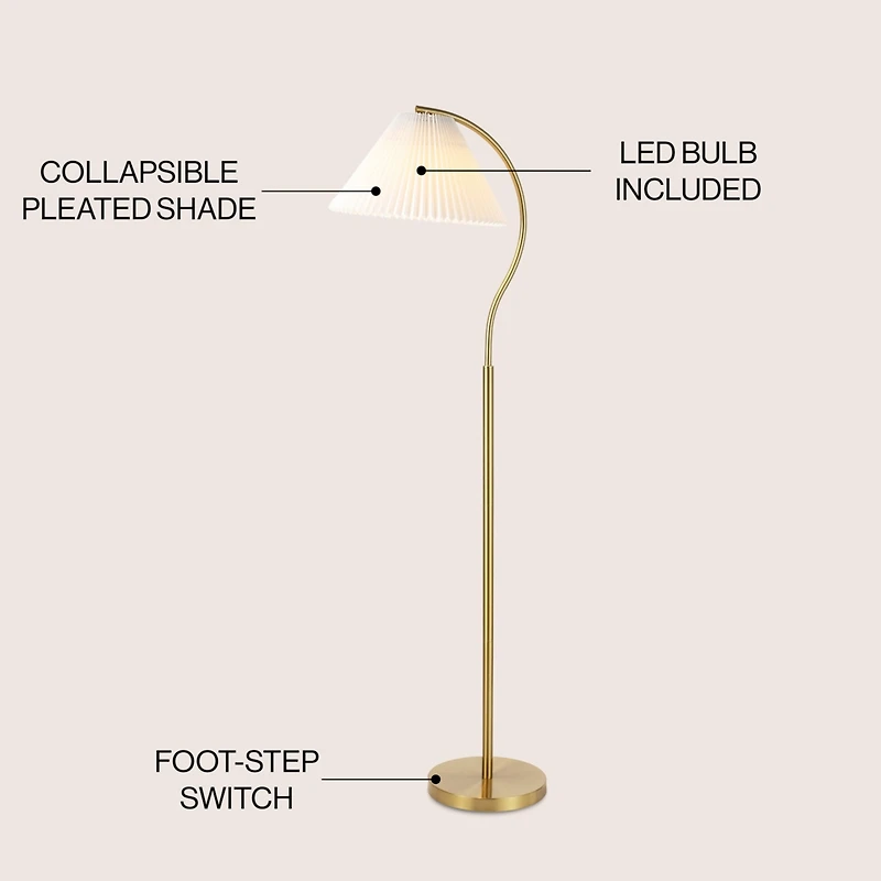 Jonathan Y Devon 60.5" Modern Glam Metal Arc Led Floor Lamp with Pleated Shade, Brass Gold/White