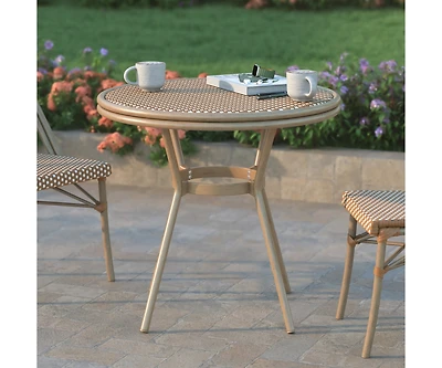 Colmar Indoor/Outdoor Bistro Style 31.5 In. Table With Pe Rattan, Glass Top, And Bamboo Finished Metal Frame
