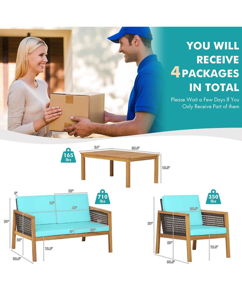 Gymax 8PCS Patio Acacia Wood Furniture Set Pe Rattan Conversation Set w/ Turquoise Cushions