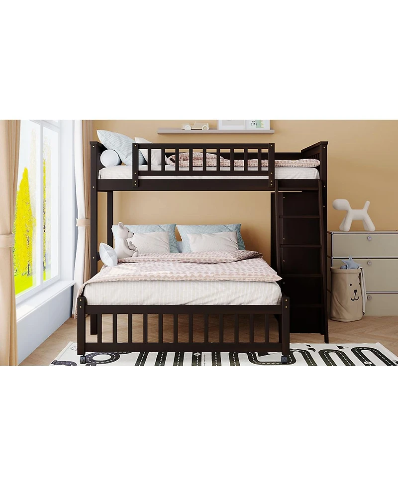 Simplie Fun Wooden Twin Over Full Bunk Bed with Drawers, Shelves, and Wheels Espresso