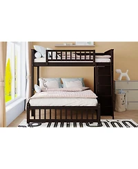 Simplie Fun Wooden Twin Over Full Bunk Bed with Drawers, Shelves, and Wheels Espresso