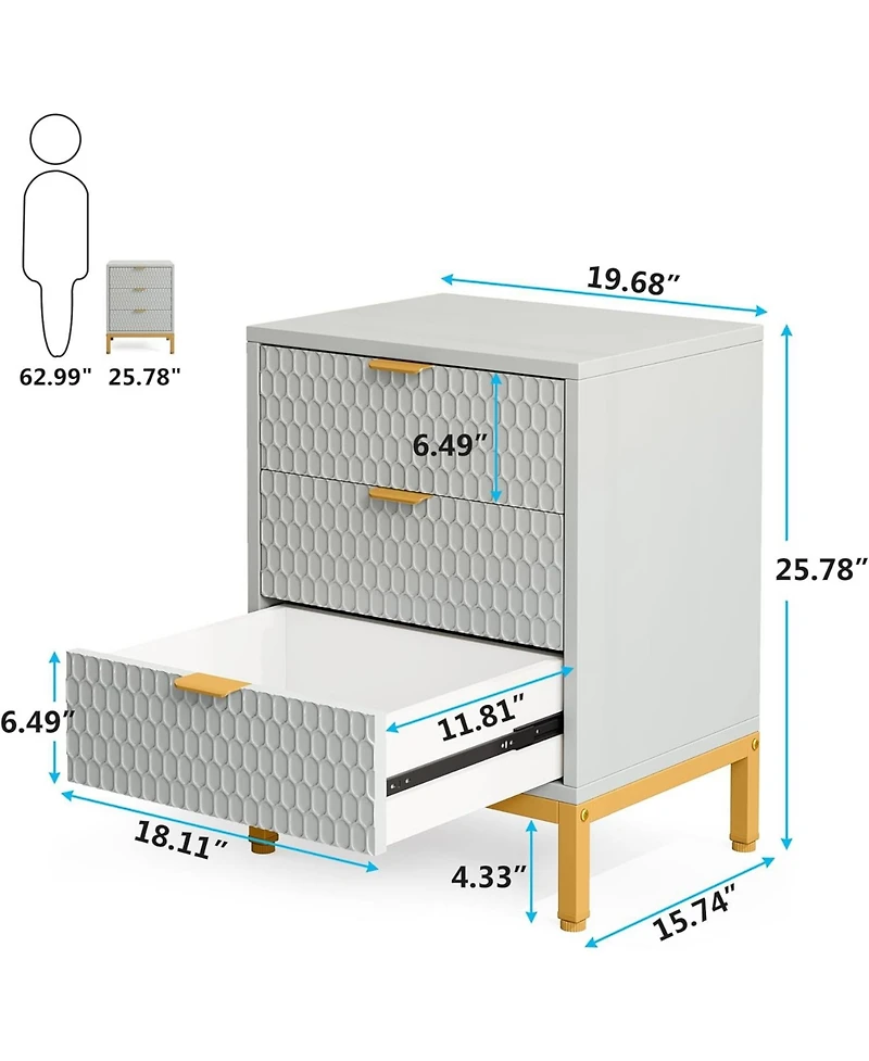 Tribesigns Set of 2 Nightstand with 3-Drawer, 25.8" Tall Modern Bedside Table, Large Side End Table with Storage Drawers for Bedroom