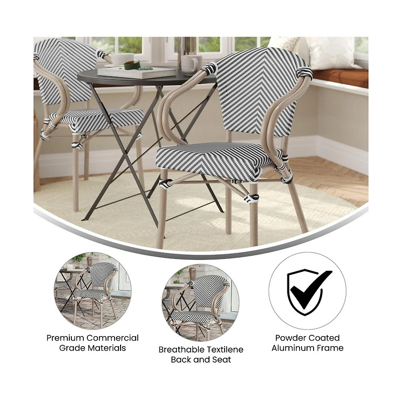 Merrick Lane Mael Stacking Thonet Bistro Style Chair With Arms, Textilene Seat, And Bamboo Finished Metal Frame For Indoor/Outdoor Use