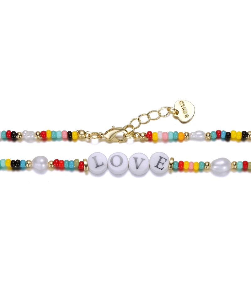GiGiGirl 14k Yellow Gold Plated Multi Color Beads Necklace with Freshwater Pearls and Love Tag in Circular Charms for Kids