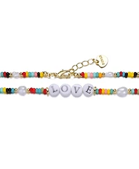 GiGiGirl 14k Yellow Gold Plated Multi Color Beads Necklace with Freshwater Pearls and Love Tag in Circular Charms for Kids