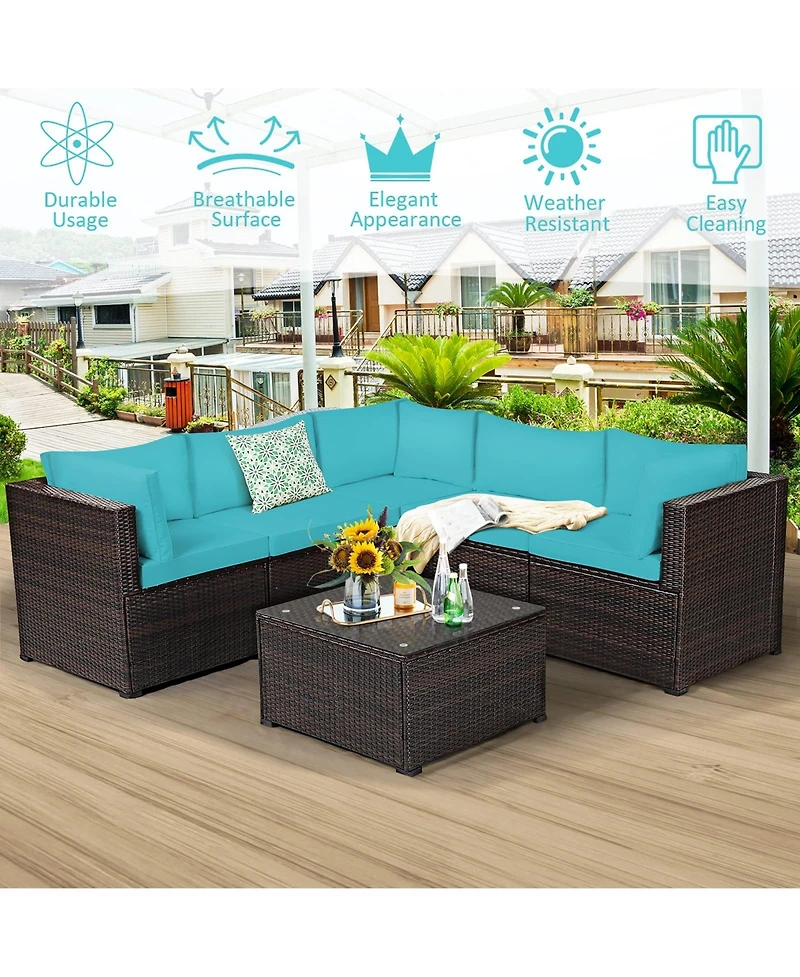Sugift 6 Pieces Rattan Patio Sectional Sofa Set with Cushions for 4-5 Person
