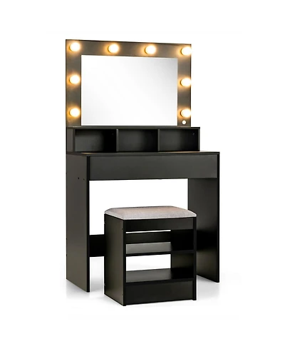 Sugift Vanity Table Set with Lighted Mirror and Cushioned Stool
